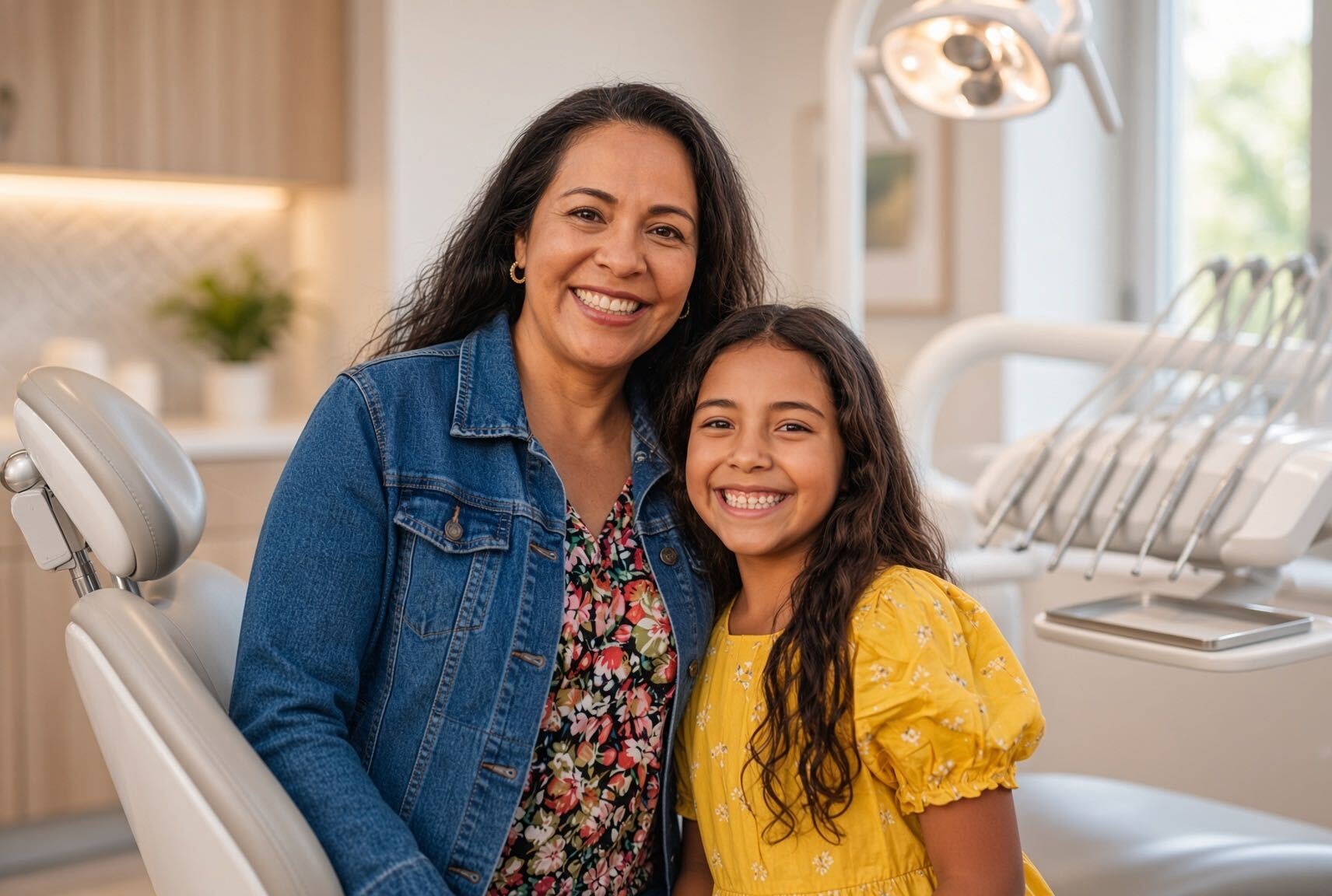 Happy Hispanic mother with her daughter and son — the families we proudly serve at Gentle Care Dental